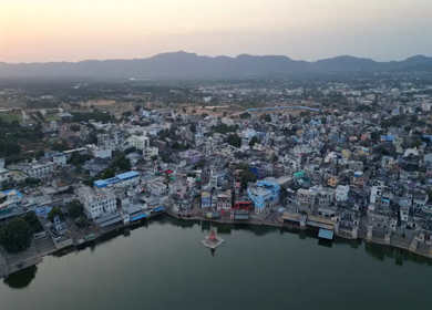 Aerial View of Pushkar Lake and Aravalli Hills in Rajasthan, India