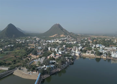 Aerial View of Pushkar Lake and Aravalli Hills in Rajasthan, India