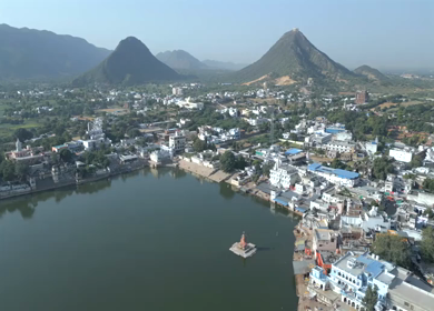 Aerial View of Pushkar Lake and Aravalli Hills in Rajasthan, India