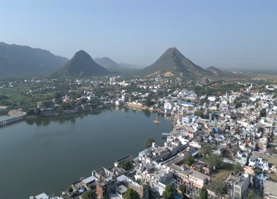 Aerial View of Pushkar Lake and Aravalli Hills in Rajasthan, India