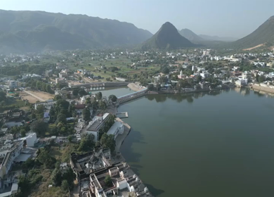 Aerial View of Pushkar Lake and Aravalli Hills in Rajasthan, India
