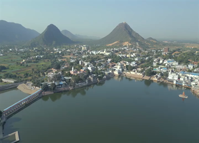 Aerial View of Pushkar Lake and Aravalli Hills in Rajasthan, India