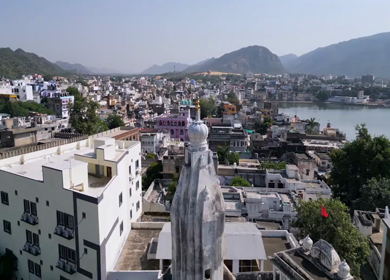 Aerial View of Pushkar Town, Sacred Lake and Aravalli Hills, Rajasthan
