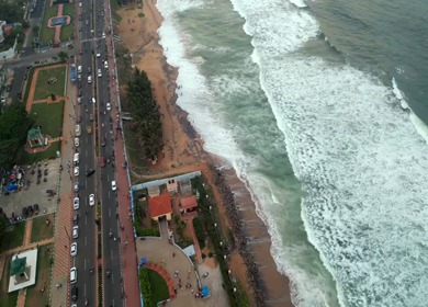 Aerial View of RK Beach Coastline and Bay of Bengal Waves in Visakhapatnam India