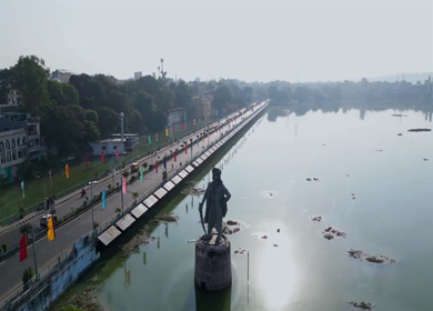 Aerial View of Raja Bhoj Statue and Upper Lake Bhopal, Madhya Pradesh