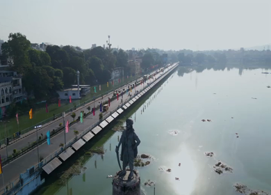 Aerial View of Raja Bhoj Statue and Upper Lake Bhopal, Madhya Pradesh