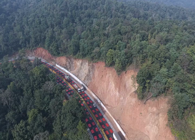 Aerial View of Red Wildlife Highway Through Forest in Madhya Pradesh India