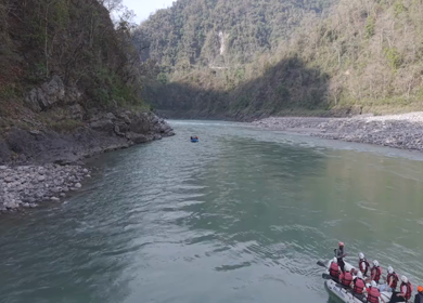 Aerial View of River Rafting Adventure in Himalayan River Uttarakhand India