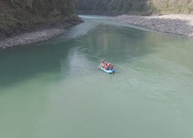 Aerial View of River Rafting Adventure in Himalayan River Uttarakhand India