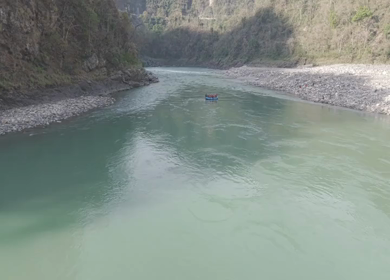 Aerial View of River Rafting Adventure in Himalayan River Uttarakhand India