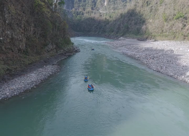 Aerial View of River Rafting Adventure in Himalayan River Uttarakhand India