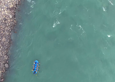 Aerial View of River Rafting Adventure in Himalayan River Uttarakhand India