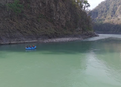 Aerial View of River Rafting Adventure in Himalayan River Uttarakhand India