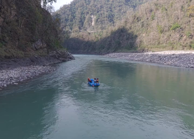 Aerial View of River Rafting Adventure in Himalayan River Uttarakhand India