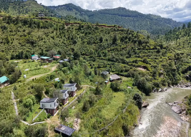 Aerial View of River Valley, Forested Hills and Mountain Lodges in Almora, Uttarakhand