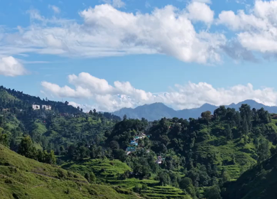 Aerial View of River Valley, Forested Hills and Mountain Lodges in Almora, Uttarakhand