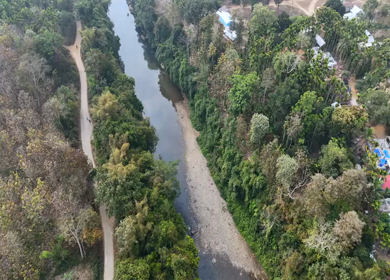 Aerial View of River Valley and Forest Road in Meghalaya India