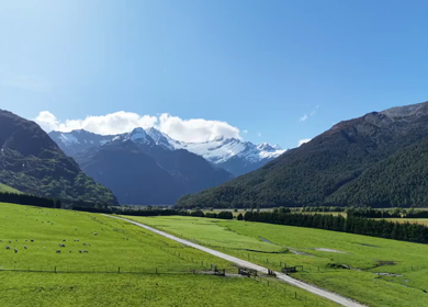 Aerial View of Road to Rob Roy Glacier Through Mount Aspiring Valley New Zealand