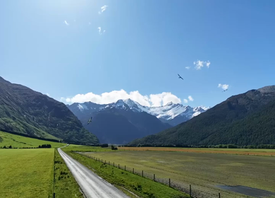 Aerial View of Road to Rob Roy Glacier Through Mount Aspiring Valley New Zealand