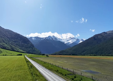 Aerial View of Road to Rob Roy Glacier Through Mount Aspiring Valley New Zealand