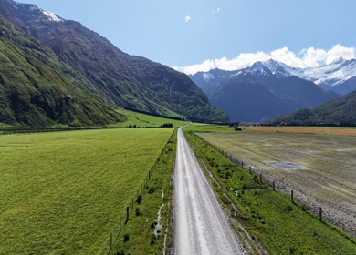 Aerial View of Road to Rob Roy Glacier Through Mount Aspiring Valley New Zealand