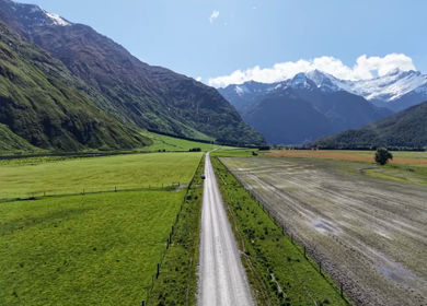 Aerial View of Road to Rob Roy Glacier Through Mount Aspiring Valley New Zealand