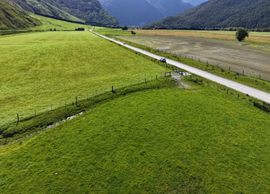 Aerial View of Road to Rob Roy Glacier Through Mount Aspiring Valley New Zealand