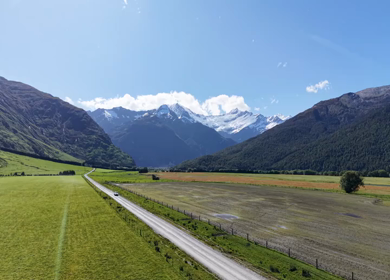 Aerial View of Road to Rob Roy Glacier Through Mount Aspiring Valley New Zealand