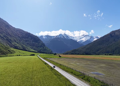 Aerial View of Road to Rob Roy Glacier Through Mount Aspiring Valley New Zealand