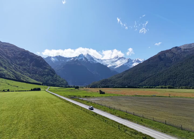 Aerial View of Road to Rob Roy Glacier Through Mount Aspiring Valley New Zealand