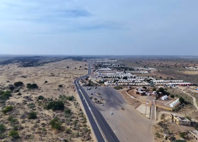 Aerial View of Sam Sand Dunes and Desert Resorts in Jaisalmer Rajasthan India