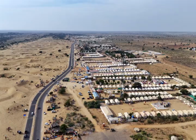 Aerial View of Sam Sand Dunes and Desert Resorts in Jaisalmer Rajasthan India