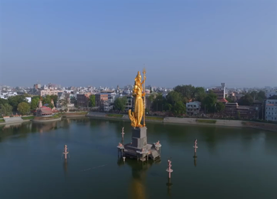 Aerial View of Sarveshwar Mahadev Golden Shiva Statue at Sursagar Lake, Vadodara, Gujarat