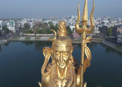 Aerial View of Sarveshwar Mahadev Golden Shiva Statue at Sursagar Lake, Vadodara, Gujarat