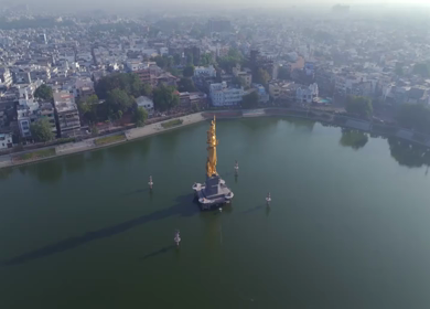 Aerial View of Sarveshwar Mahadev Golden Shiva Statue at Sursagar Lake, Vadodara, Gujarat