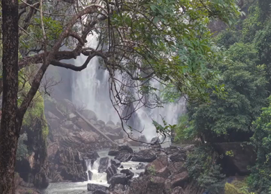 Aerial View of Sathodi Falls Lush Forest in Karnataka India