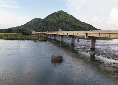 Aerial View of Satthegala Kaveri River Bridge and Hills Karnataka India