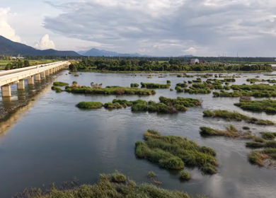 Aerial View of Satthegala Kaveri River Bridge and Hills Karnataka India