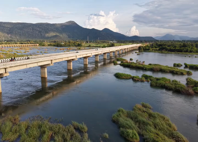 Aerial View of Satthegala Kaveri River Bridge and Hills Karnataka India