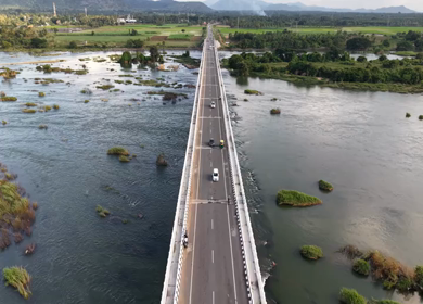 Aerial View of Satthegala Kaveri River Bridge and Hills Karnataka India