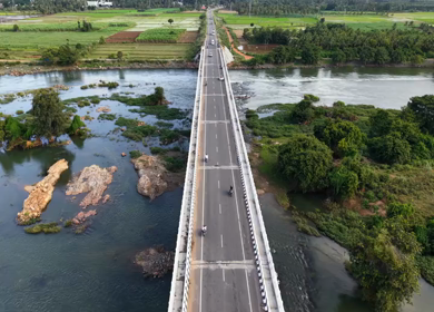 Aerial View of Satthegala Kaveri River Bridge and Hills Karnataka India