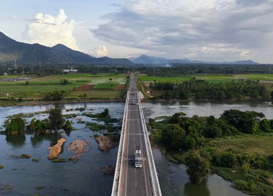 Aerial View of Satthegala Kaveri River Bridge and Hills Karnataka India