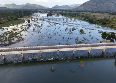 Aerial View of Satthegala Kaveri River Bridge and Hills Karnataka India
