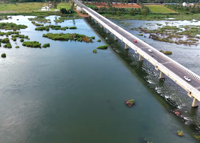 Aerial View of Satthegala Kaveri River Bridge and Hills Karnataka India