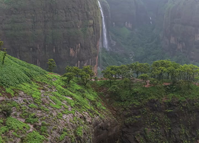 Aerial View of Savlya Ghat Tamhini Ghat Waterfalls and Sahyadri Mountains Maharashtra India