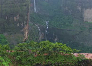 Aerial View of Savlya Ghat Tamhini Ghat Waterfalls and Sahyadri Mountains Maharashtra India