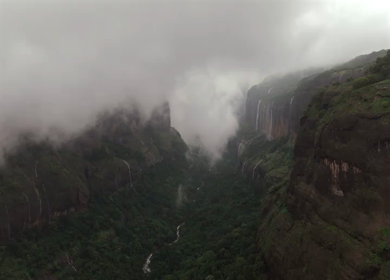 Aerial View of Savlya Ghat Tamhini Ghat Waterfalls and Sahyadri Mountains Maharashtra India