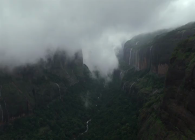 Aerial View of Savlya Ghat Tamhini Ghat Waterfalls and Sahyadri Mountains Maharashtra India