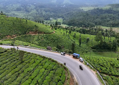 Aerial View of Scenic Mountain Roads and Tea Plantations in Munnar, Kerala, India