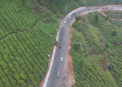 Aerial View of Scenic Mountain Roads and Tea Plantations in Munnar, Kerala, India
